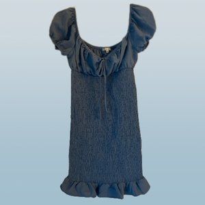 Blue Smocked, Ruffle Hemmed, Puff Sleeved Mini Dress - Size Small